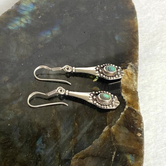 Sterling Silver 925 Dainty Abalone Elongated Dangle Drop Earrings - Picture 11 of 15